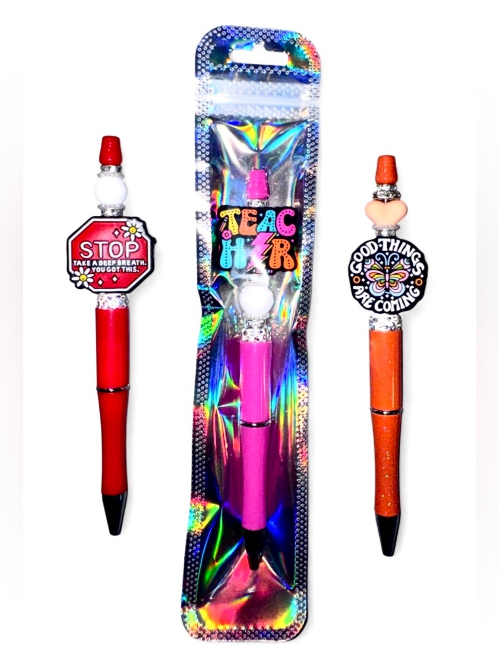 NWT Motivational Ball Point Beaded Pens Buy 2 Get 1 FREE! 3 Pens+3 Ink Refills